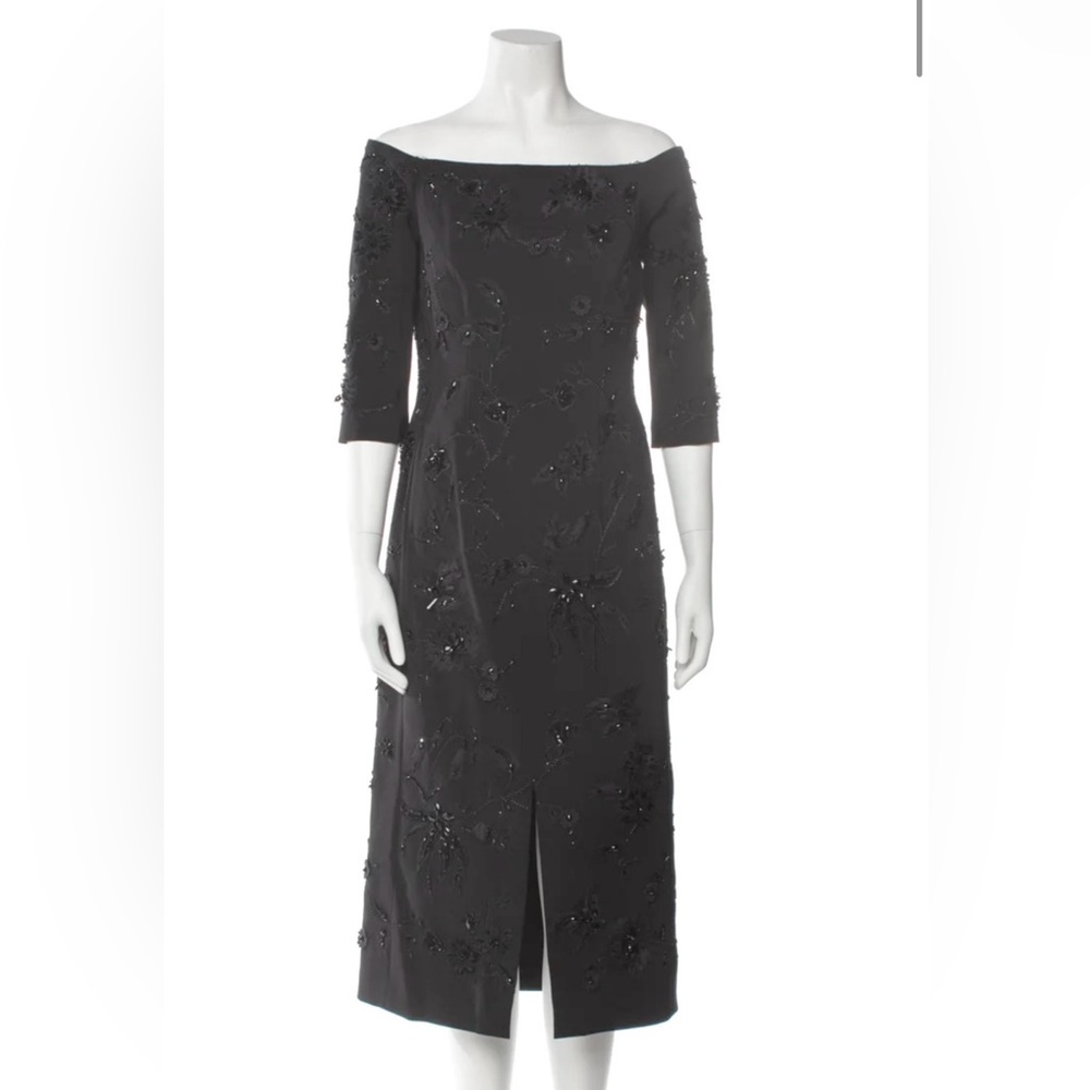 Carolina Herrera Off-Shoulder Floral Appliqué Midi Dress